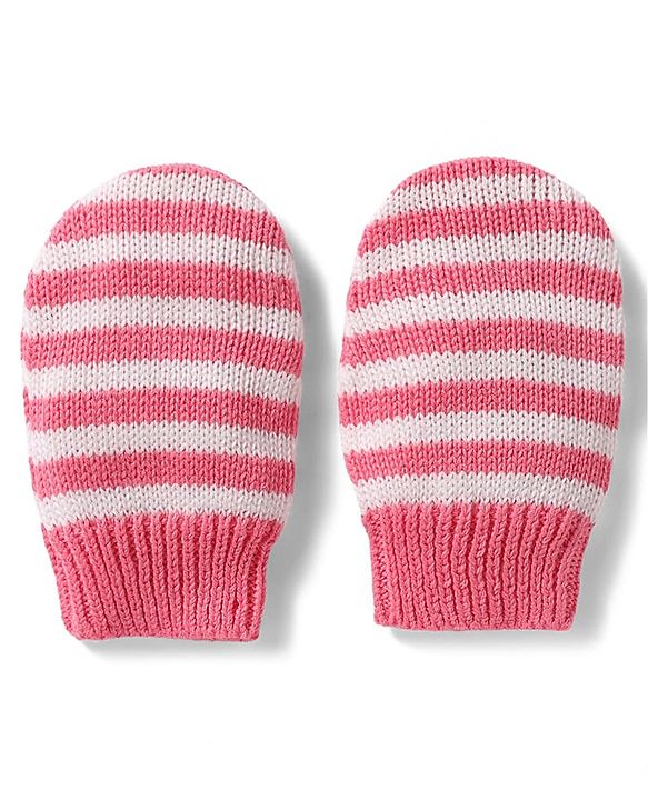 Babyhug 100% Cotton Knit Woollen Cap & Mittens With Bow Design Pink- Diameter 10 cm