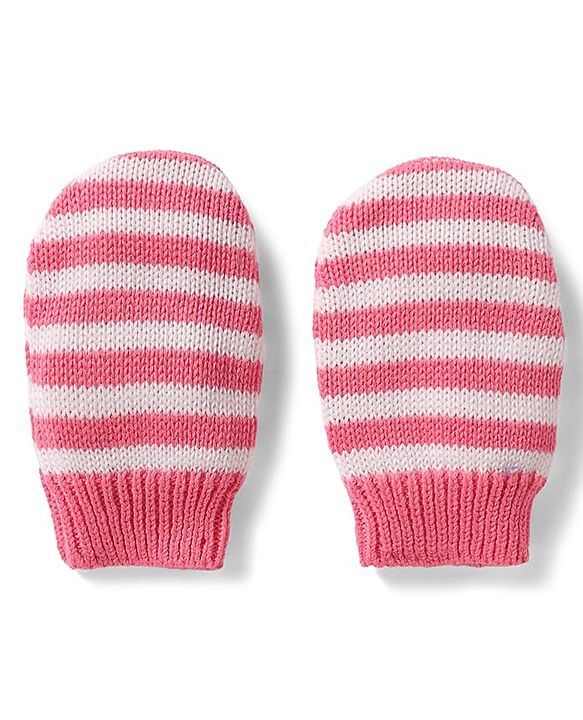 Babyhug 100% Cotton Knit Woollen Cap & Mittens With Bow Design Pink- Diameter 10 cm