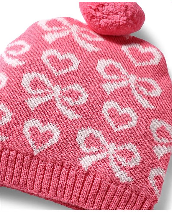 Babyhug 100% Cotton Knit Woollen Cap & Mittens With Bow Design Pink- Diameter 10 cm
