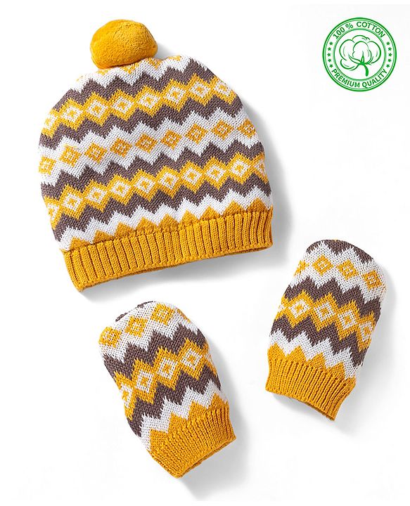 Babyhug 100% Cotton Sweater Knit Woollen Cap & Mittens Mustard - Diameter 15 cm