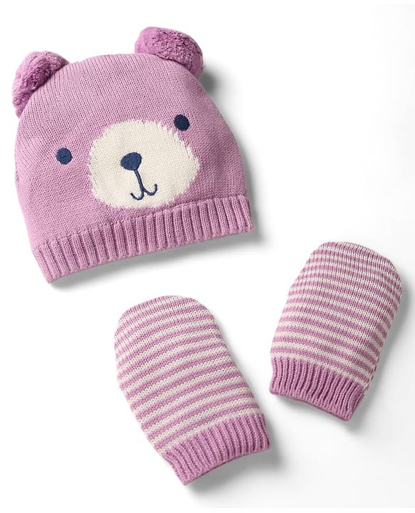 Babyhug Organic 100% Cotton Knit Woollen Cap & Mittens With Bear Design Purple - Diameter 12 cm