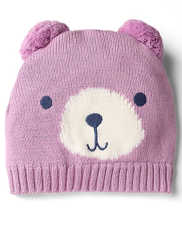 Babyhug Organic 100% Cotton Knit Woollen Cap & Mittens With Bear Design Purple - Diameter 12 cm