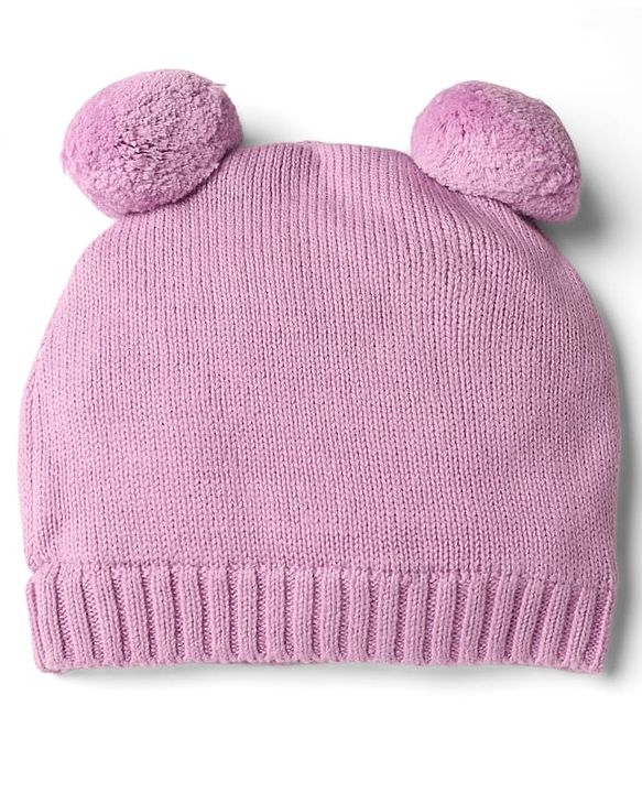 Babyhug Organic 100% Cotton Knit Woollen Cap & Mittens With Bear Design Purple - Diameter 12 cm