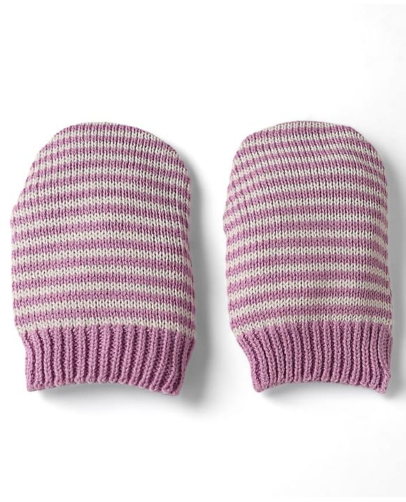 Babyhug Organic 100% Cotton Knit Woollen Cap & Mittens With Bear Design Purple - Diameter 12 cm