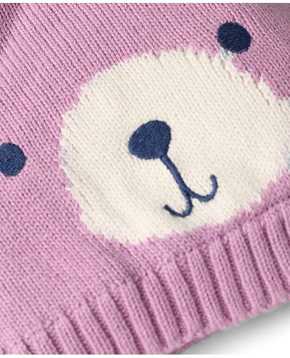Babyhug Organic 100% Cotton Knit Woollen Cap & Mittens With Bear Design Purple - Diameter 12 cm