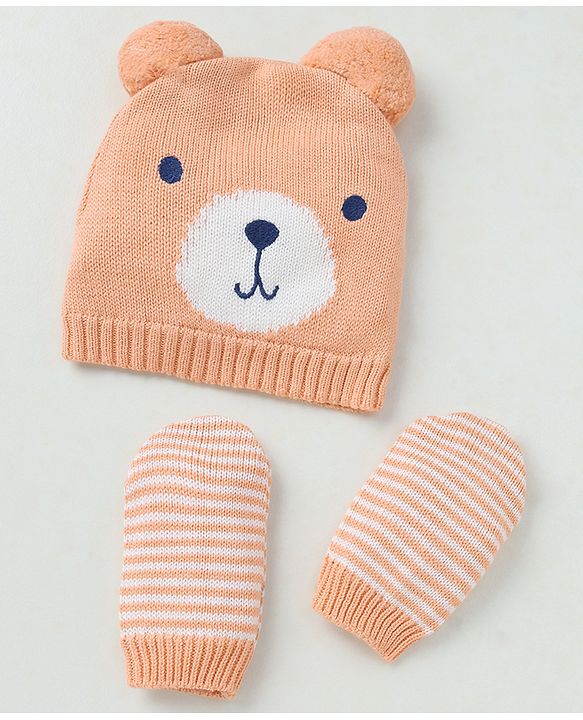Babyhug Organic 100% Cotton Knit Woollen Caps and Set With Pom Pom Cap With Bear Design Peach - Diameter 14 cm