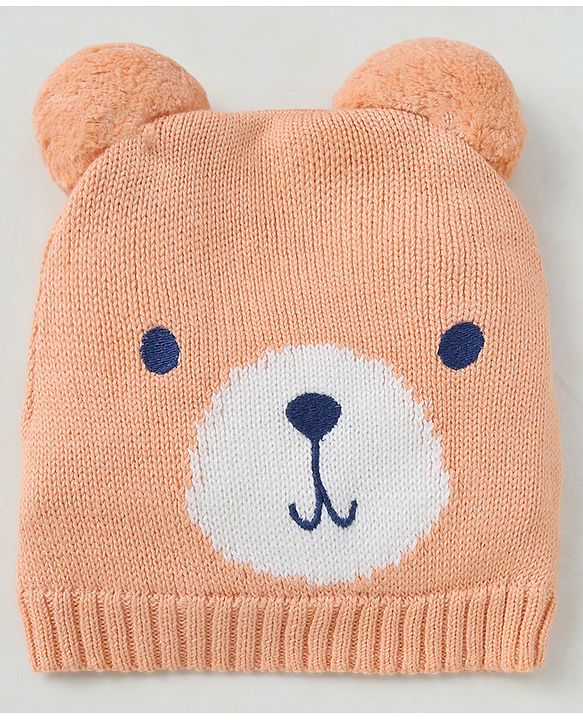 Babyhug Organic 100% Cotton Knit Woollen Caps and Set With Pom Pom Cap With Bear Design Peach - Diameter 14 cm
