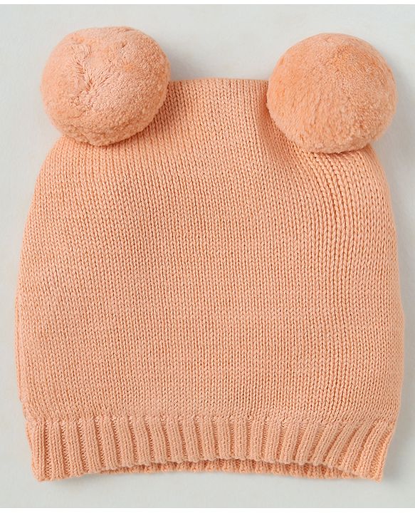 Babyhug Organic 100% Cotton Knit Woollen Caps and Set With Pom Pom Cap With Bear Design Peach - Diameter 14 cm