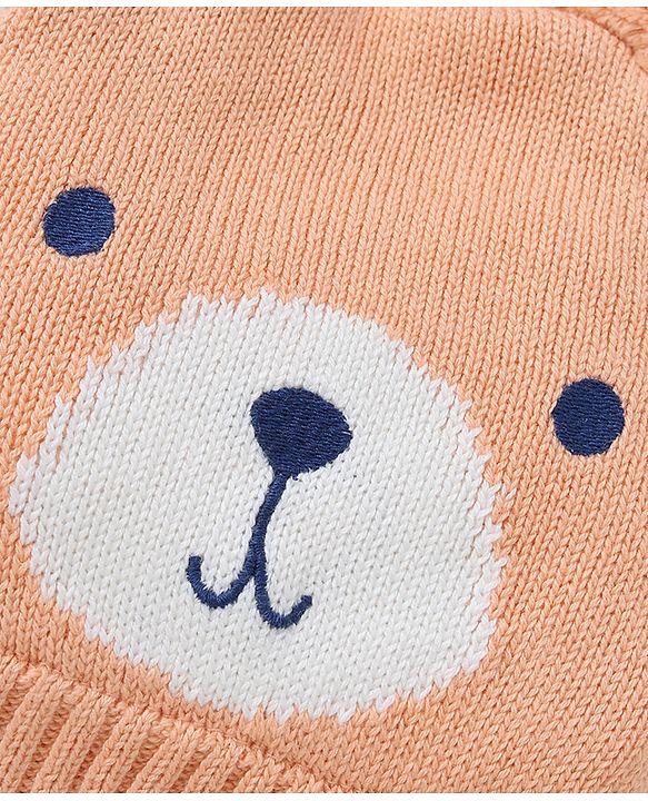 Babyhug Organic 100% Cotton Knit Woollen Caps and Set With Pom Pom Cap With Bear Design Peach - Diameter 14 cm