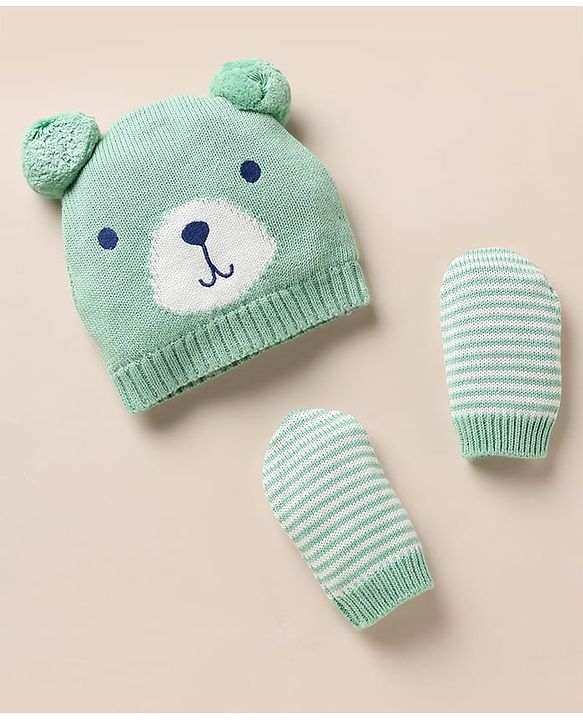 Babyhug 100% Cotton Knit Solid Woollen Cap & Mittens With Bear Design Green- Diameter 16 cm