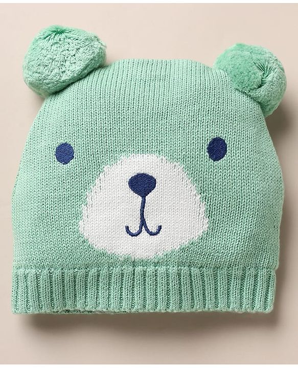 Babyhug 100% Cotton Knit Solid Woollen Cap & Mittens With Bear Design Green- Diameter 16 cm
