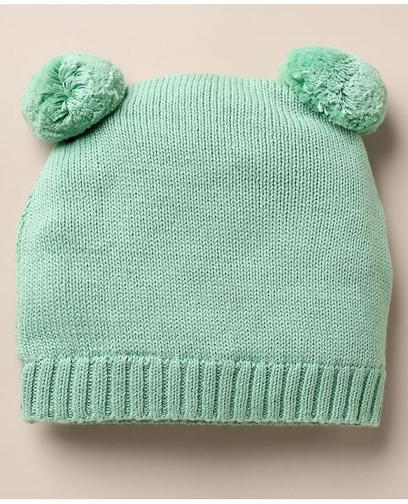 Babyhug 100% Cotton Knit Solid Woollen Cap & Mittens With Bear Design Green- Diameter 16 cm