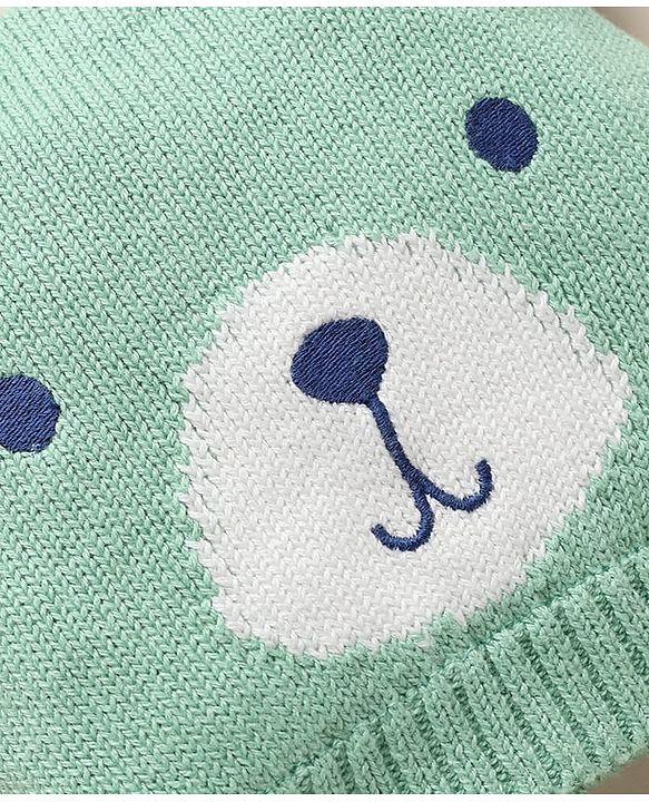 Babyhug 100% Cotton Knit Solid Woollen Cap & Mittens With Bear Design Green- Diameter 16 cm