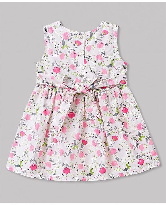 Babyhug Poplin Woven Floral Printed Frock with Half Sleeves Shrug & Headband- White & Pink