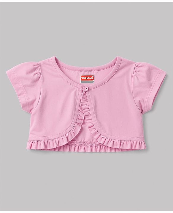 Babyhug Poplin Woven Floral Printed Frock with Half Sleeves Shrug & Headband- White & Pink