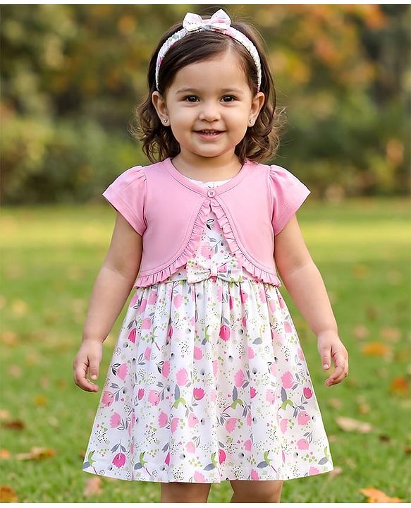 Babyhug Poplin Woven Floral Printed Frock with Half Sleeves Shrug & Headband- White & Pink
