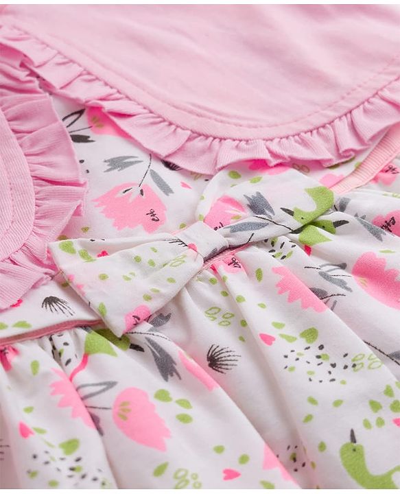 Babyhug Poplin Woven Floral Printed Frock with Half Sleeves Shrug & Headband- White & Pink