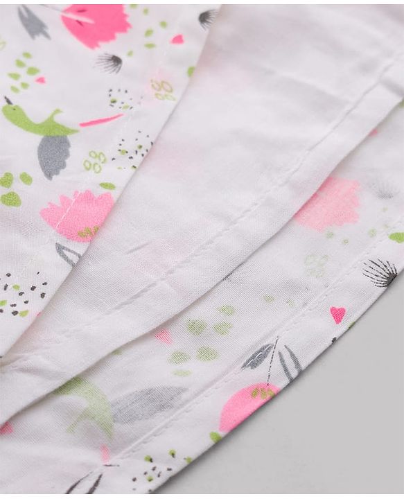 Babyhug Poplin Woven Floral Printed Frock with Half Sleeves Shrug & Headband- White & Pink