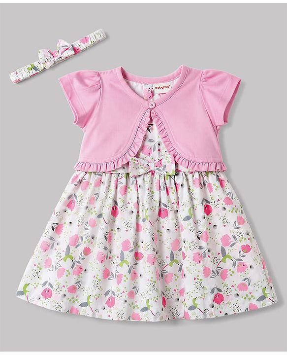 Babyhug Poplin Woven Floral Printed Frock with Half Sleeves Shrug & Headband- White & Pink