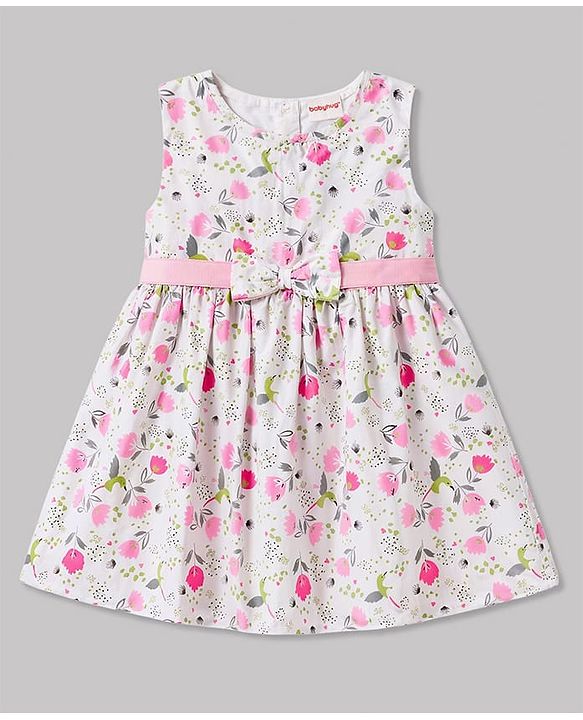 Babyhug Poplin Woven Floral Printed Frock with Half Sleeves Shrug & Headband- White & Pink