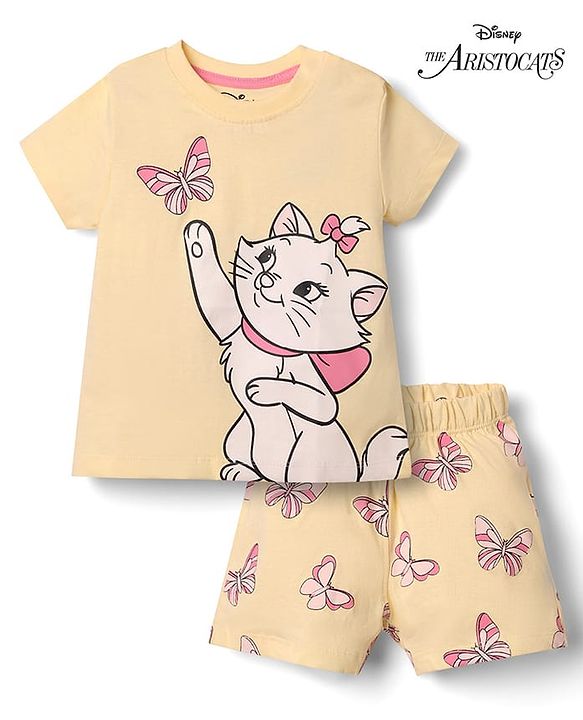 Babyhug Disney Single Jersey Knit Half Sleeves T-Shirt & Shorts  Night Suit with Marie Graphics - Peach