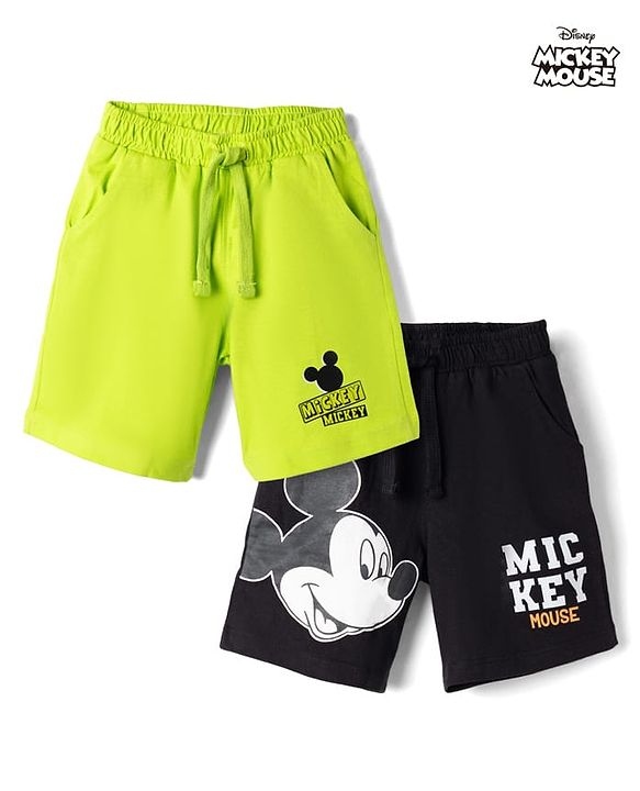 Babyhug Disney Terry Knit Knee Length Shorts with Mickey Mouse Graphics Pack of 2 - Neon Green & Black