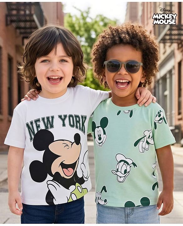 Babyhug Disney Single Jersey Knit Half Sleeves Round Neck T-Shirt With Mickey Mouse Graphics Pack of 2 - White