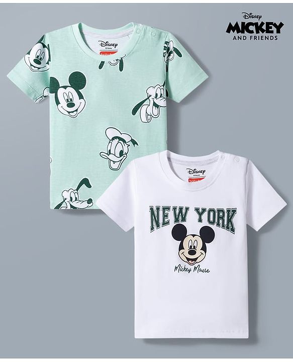 Babyhug Disney Single Jersey Knit Half Sleeves Round Neck T-Shirt With Mickey Mouse Graphics Pack of 2 - White