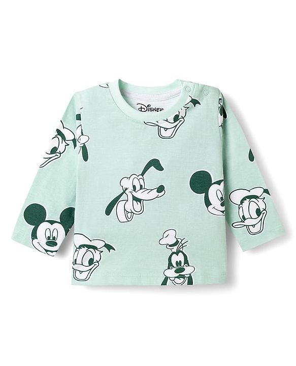 Babyhug Disney Single Jersey Knit Full Sleeves T-Shirt & Pyjama Night Suit With Mickey Mouse Print - Light Green