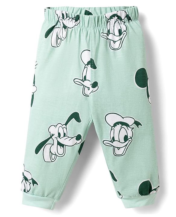 Babyhug Disney Single Jersey Knit Full Sleeves T-Shirt & Pyjama Night Suit With Mickey Mouse Print - Light Green