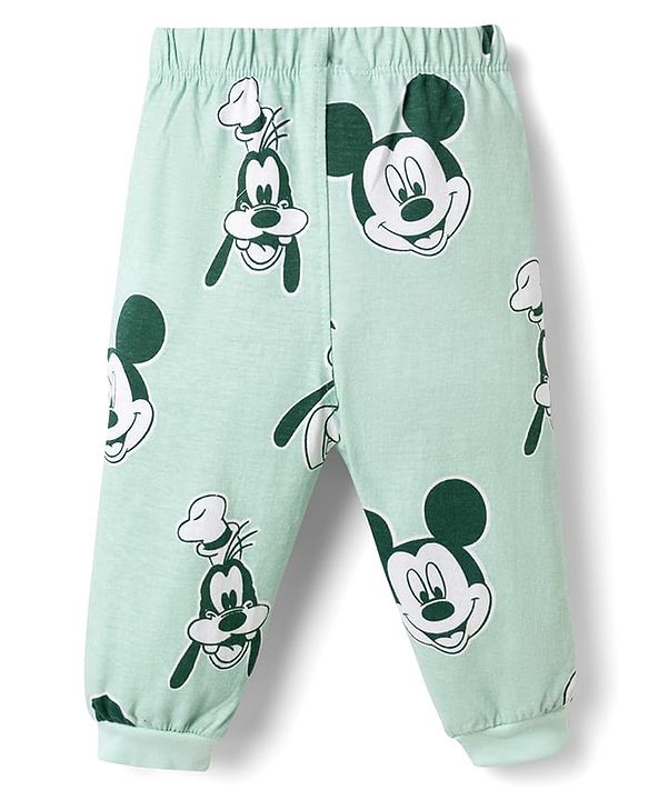 Babyhug Disney Single Jersey Knit Full Sleeves T-Shirt & Pyjama Night Suit With Mickey Mouse Print - Light Green