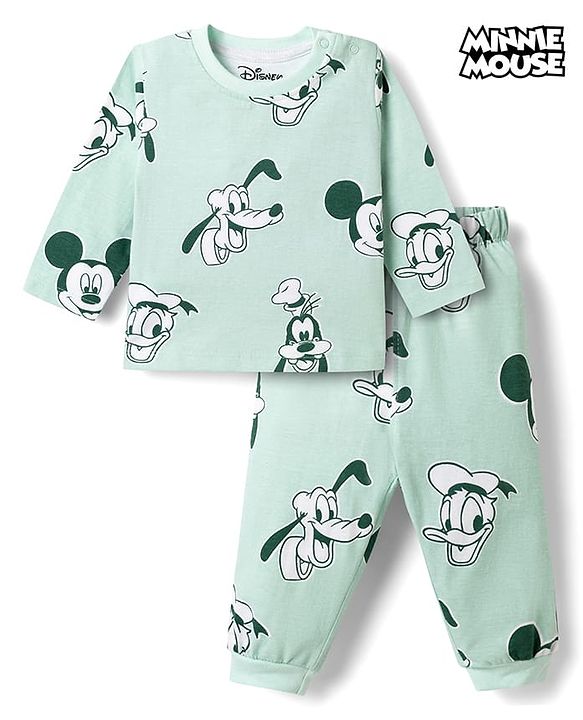 Babyhug Disney Single Jersey Knit Full Sleeves T-Shirt & Pyjama Night Suit With Mickey Mouse Print - Light Green