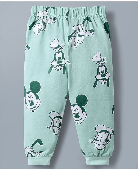 Babyhug Disney Single Jersey Knit Full Sleeves T-Shirt & Pyjama Night Suit With Mickey Mouse Print - Light Green