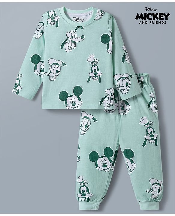 Babyhug Disney Single Jersey Knit Full Sleeves T-Shirt & Pyjama Night Suit With Mickey Mouse Print - Light Green
