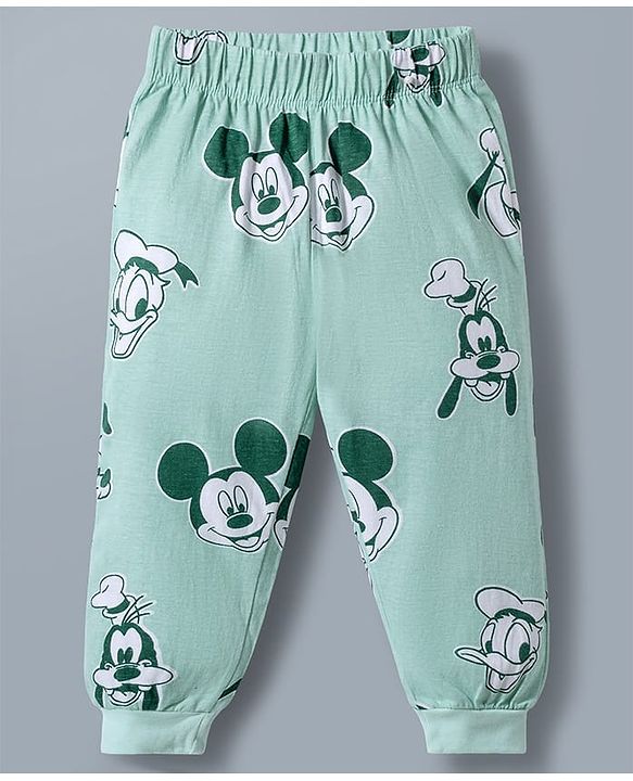 Babyhug Disney Single Jersey Knit Full Sleeves T-Shirt & Pyjama Night Suit With Mickey Mouse Print - Light Green