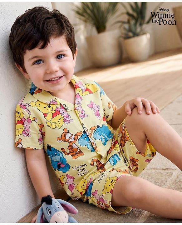Babyhug Disney 100% Cotton Knit Half Sleeves Co-Ords Shirt & Shorts Night Suit With Winnie & Friends Print - Yellow