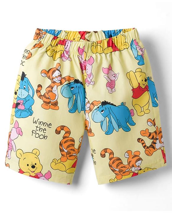 Babyhug Disney 100% Cotton Knit Half Sleeves Co-Ords Shirt & Shorts Night Suit With Winnie & Friends Print - Yellow