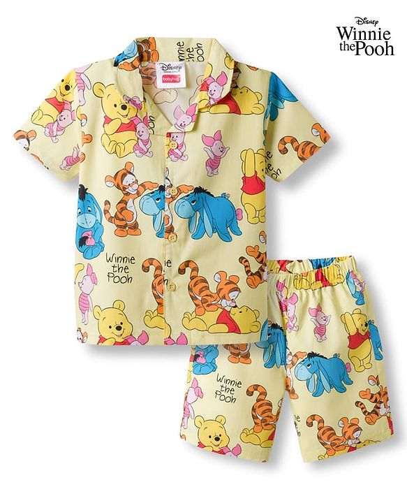 Babyhug Disney 100% Cotton Knit Half Sleeves Co-Ords Shirt & Shorts Night Suit With Winnie & Friends Print - Yellow