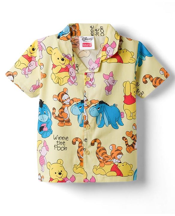 Babyhug Disney 100% Cotton Knit Half Sleeves Co-Ords Shirt & Shorts Night Suit With Winnie & Friends Print - Yellow