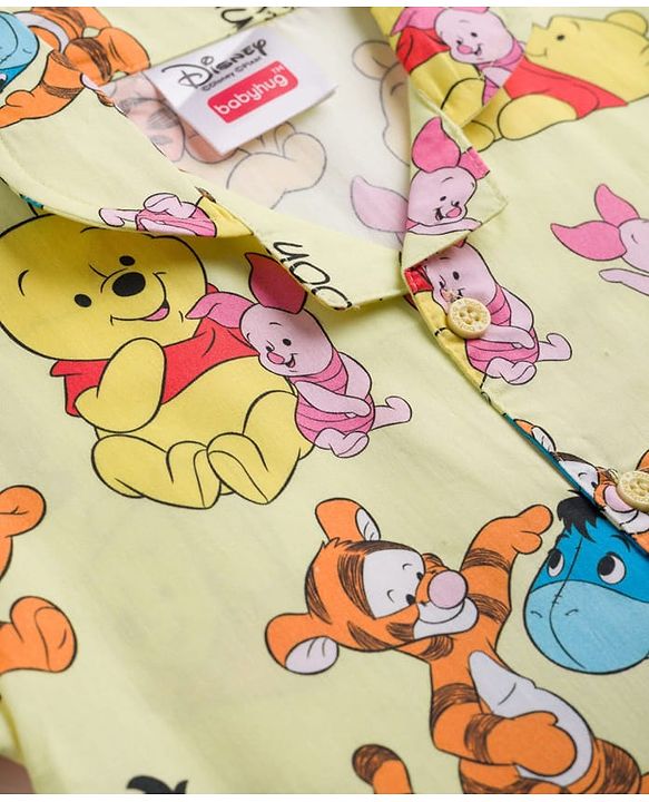 Babyhug Disney 100% Cotton Knit Half Sleeves Co-Ords Shirt & Shorts Night Suit With Winnie & Friends Print - Yellow