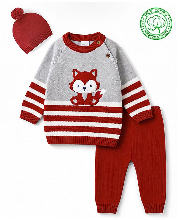Babyhug 100% Cotton Knit Full Raglan Sleeves Fox Embroidered Sweater Set With Cap - Red