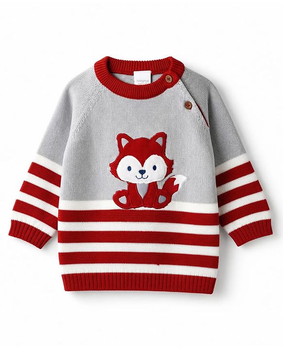 Babyhug 100% Cotton Knit Full Raglan Sleeves Fox Embroidered Sweater Set With Cap - Red