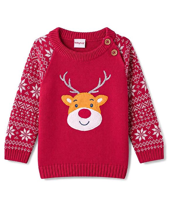 Babyhug 100% Cotton Knit Full Raglan Sleeves Reindeer Designed Sweater Set with Cap - Red