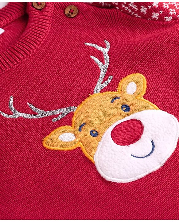 Babyhug 100% Cotton Knit Full Raglan Sleeves Reindeer Designed Sweater Set with Cap - Red