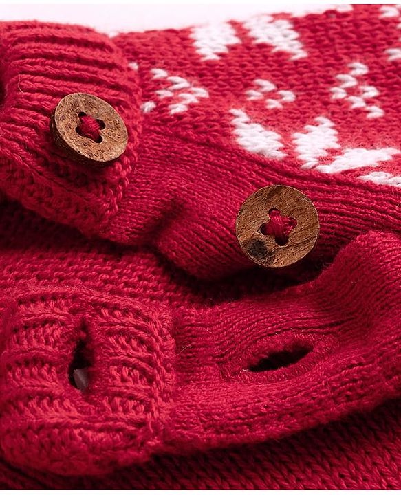 Babyhug 100% Cotton Knit Full Raglan Sleeves Reindeer Designed Sweater Set with Cap - Red