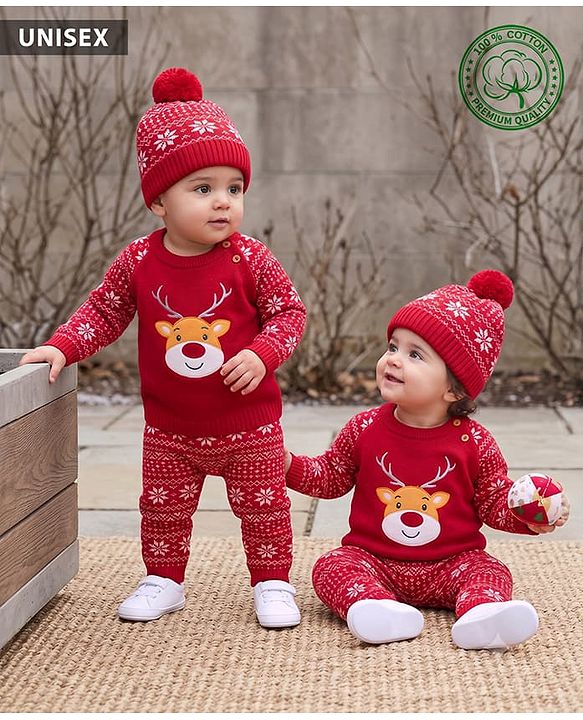 Babyhug 100% Cotton Knit Full Raglan Sleeves Reindeer Designed Sweater Set with Cap - Red
