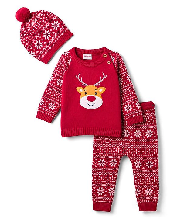 Babyhug 100% Cotton Knit Full Raglan Sleeves Reindeer Designed Sweater Set with Cap - Red