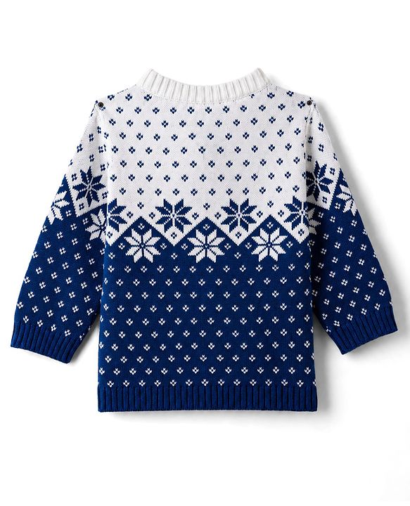Babyhug 100% Cotton Knit Full Sleeves Floral Designed Front Open Sweater Set with Cap - Navy