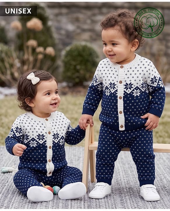 Babyhug 100% Cotton Knit Full Sleeves Floral Designed Front Open Sweater Set with Cap - Navy