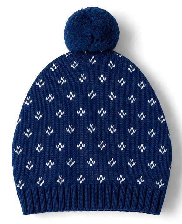 Babyhug 100% Cotton Knit Full Sleeves Floral Designed Front Open Sweater Set with Cap - Navy